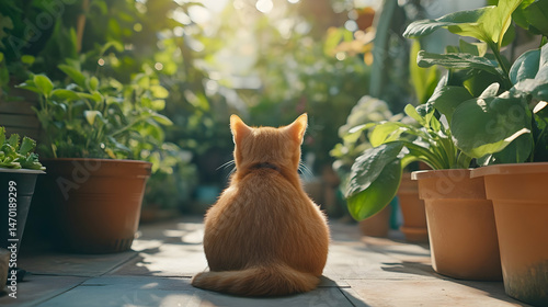 Ginger cat contemplating a lush garden bathed in warm sunlight serenity