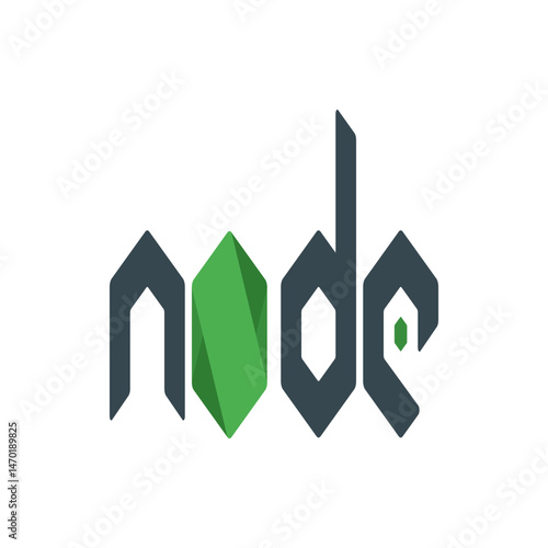 Illustration of the word node with stylized letters and a green hexagon in place of the letter o in the word node