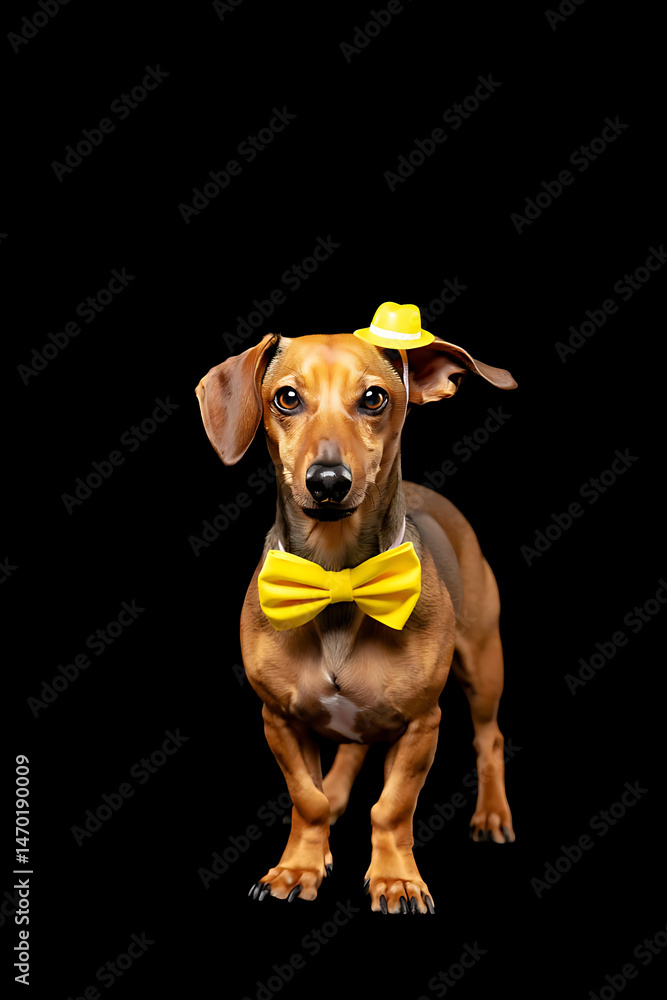 Dachshund in a Yellow Hat and Bow Tie Against a Dark Background Dachshund in a Yellow Hat and Bow Tie Against a Dark Background