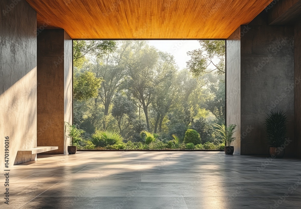 Fototapeta premium Modern, spacious interior with a large window overlooking a lush forest