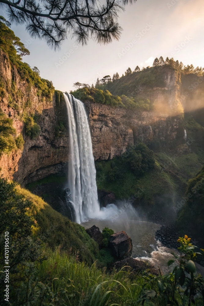 Fototapeta premium A tall waterfall cascades down a rocky cliff