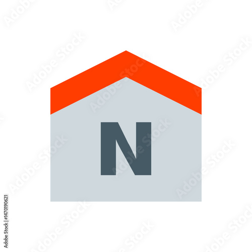 Illustration of a house shape with an orange roof and the letter n in the center of the building face