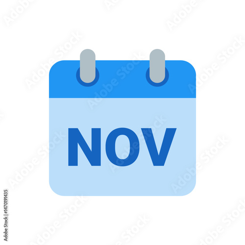 Illustration of a blue calendar icon with the abbreviation nov indicating the month of november on white