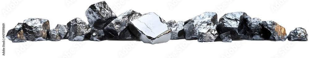 Fototapeta premium A pile of aluminum ore rocks featuring their natural, reflective surfaces and solid textures, ideal for geological analysis and mineral collecting, is set against a transparent background in a png