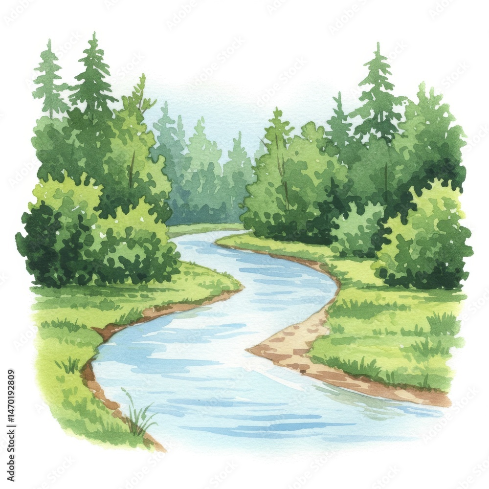 Obraz premium Serene Watercolor Illustration of a River Winding Through a Lush Green Forest