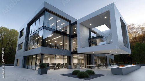 Modern SME office building showcasing glass windows and sleek architectural design surrounded by greenery in a contemporary urban setting