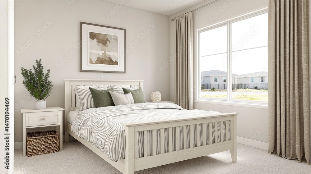 Fototapeta premium A digitally rendered bedroom with light beige tones.