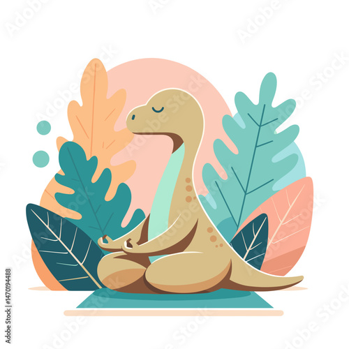 Calm Dinosaur Meditating Amidst Colorful Tropical Leaves  