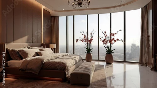 Brown bedroom interior in modern style with panoramic windows overlooking the city. Luxury apartment design with chandelier and home decor for relaxing.