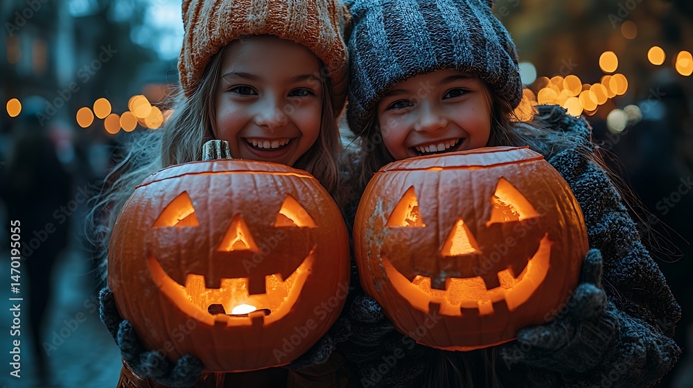 Fototapeta premium Two happy girls holding carved jack-o'-lanterns.
