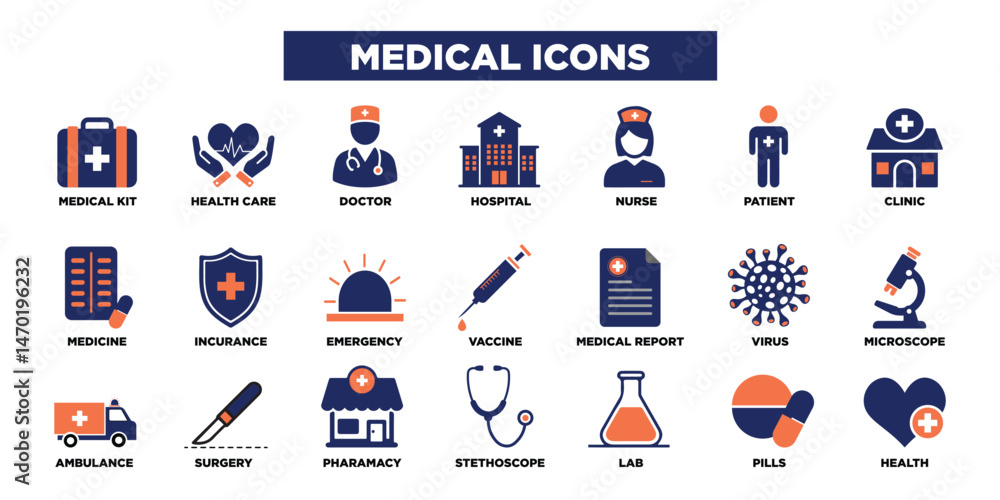 Fototapeta premium Medical icon set. Containing doctor, medicine, hospital, treatment, healthcare, nurse, pills, clinic and more. vector icons collection