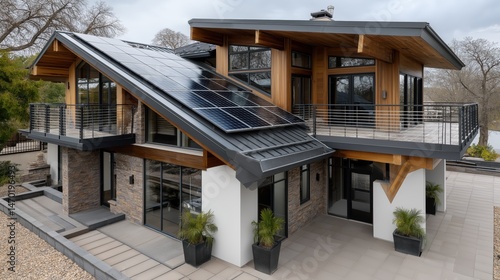 Obraz na płótnie Sustainable house design featuring solar panels and modern architecture in a serene environment w salonie