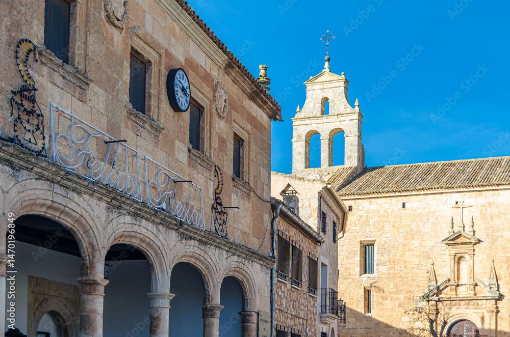 Fototapeta premium Facade of Alarcon town, Spain, decorated for Christmas