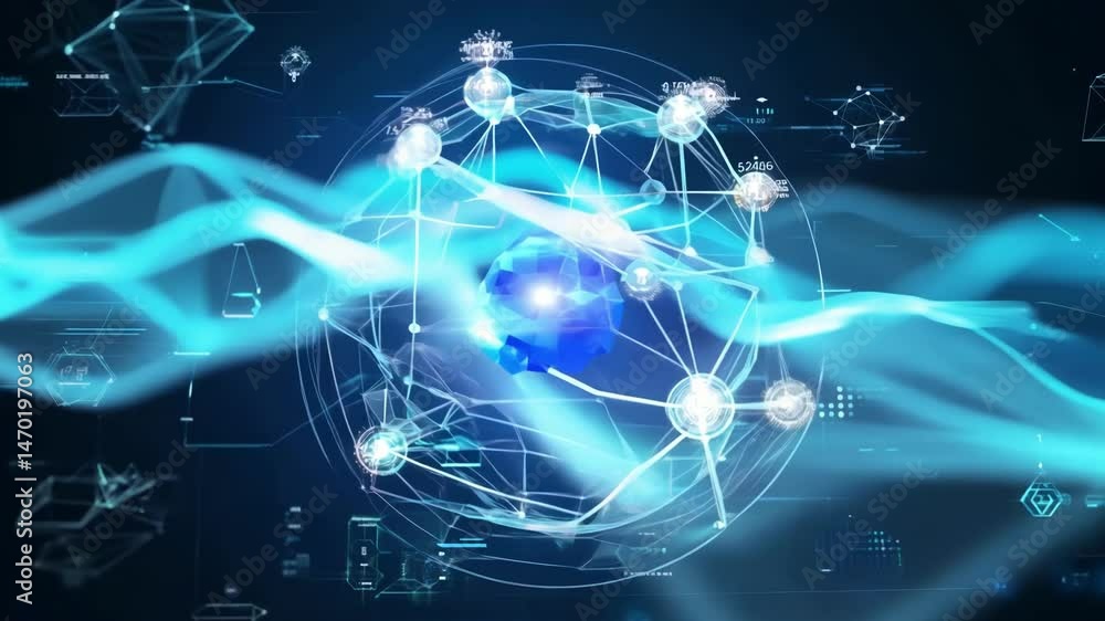 Futuristic digital network visualization with glowing nodes and connecting lines against dark background. Dynamic wave patterns flow through the network as connection points illuminate and reorganize. Futuristic digital network visualization with glowing nodes and connecting lines against dark background. Dynamic wave patterns flow through the network as connection points illuminate and reorganize.