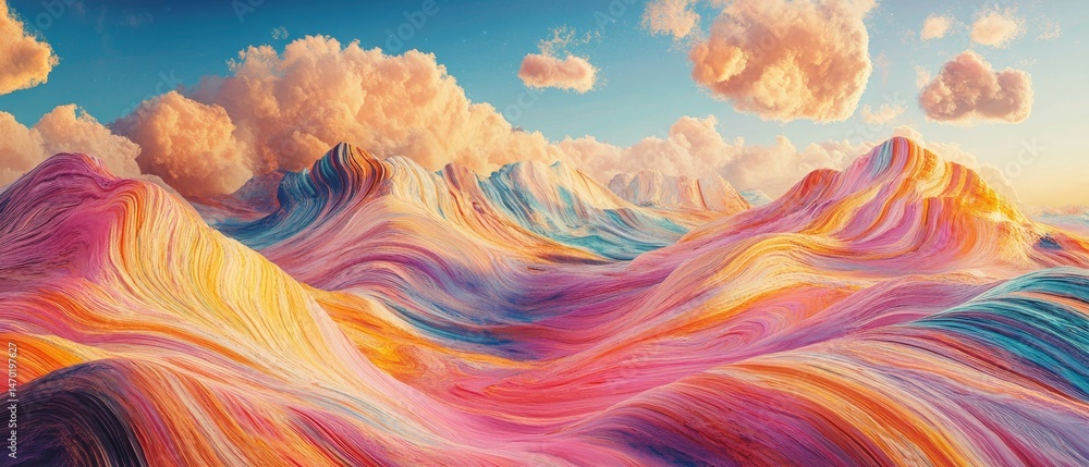 A colorful landscape with mountains in the background