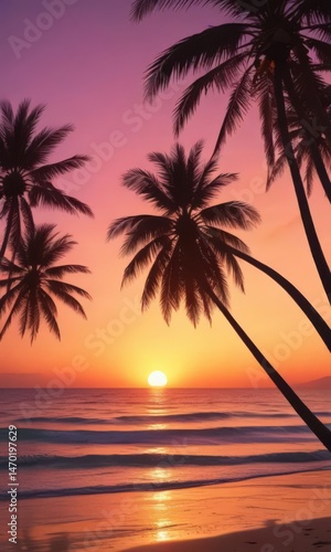 Palm trees silhouette against vibrant sunset, sandy beach, film scratches,  evening,  visual
