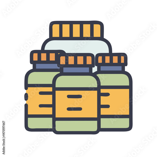 Multiple Supplement Bottles Icon – Health Vitamins and Nutrition Containers Symbol