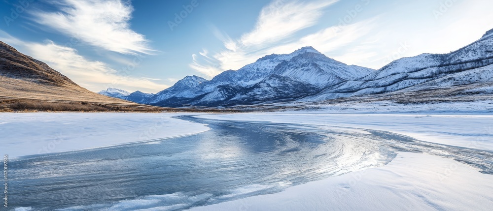 A frozen river with mountains in the background