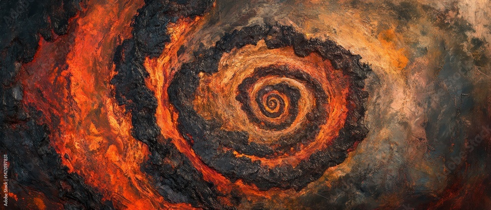 A painting of a spiral with a red and orange background