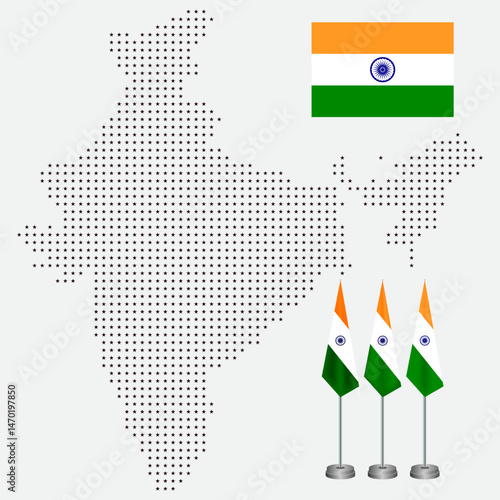 Realistic India dotted map design. Vector India dotted map silhouette. India political dot map with national borders. Realistic boundary India. States boundaries dotted map of India geography look