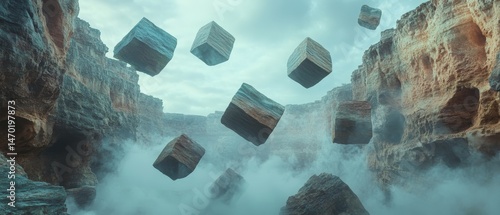 A series of floating cubes in a rocky canyon