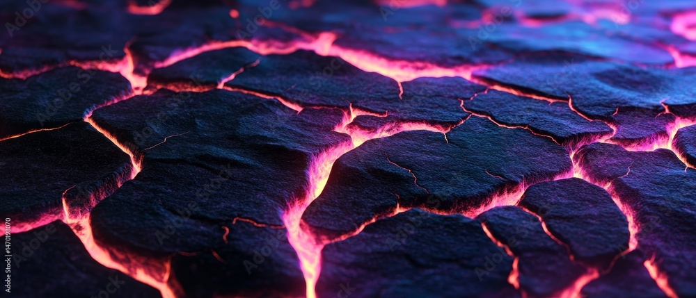 A close up of a lava field with red and blue lava
