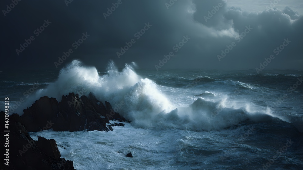 Naklejka premium A dramatic and intense stormy sea with powerful waves crashing against jagged rocks under a dark ominous sky creating a scene of raw natural power