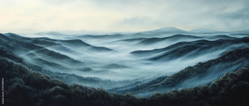 A painting of a mountain range with a foggy mist