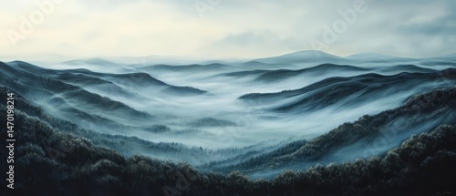 Obraz na płótnie A painting of a mountain range with a foggy mist w salonie