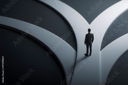A solitary figure in a suit stands at a crossroads of two diverging paths symbolizing the concept of decision-making and life choices in an abstract minimalist setting