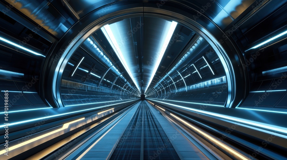 High-detail 3D visualization of a high-speed hyperloop station running on renewable solar energy, surrounded by light trails High-detail 3D visualization of a high-speed hyperloop station running on renewable solar energy, surrounded by light trails