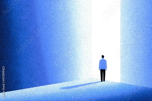 A solitary figure stands at the threshold of a brightly illuminated doorway amidst a vast, serene blue expanse symbolizing hope and new beginnings in a minimalist artistic style