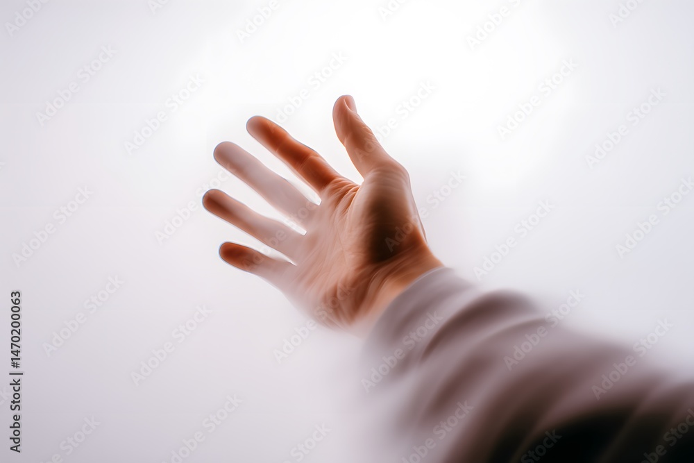 Obraz premium A human hand reaching upwards through a translucent barrier symbolizing hope aspiration and the quest for freedom in a minimalist setting