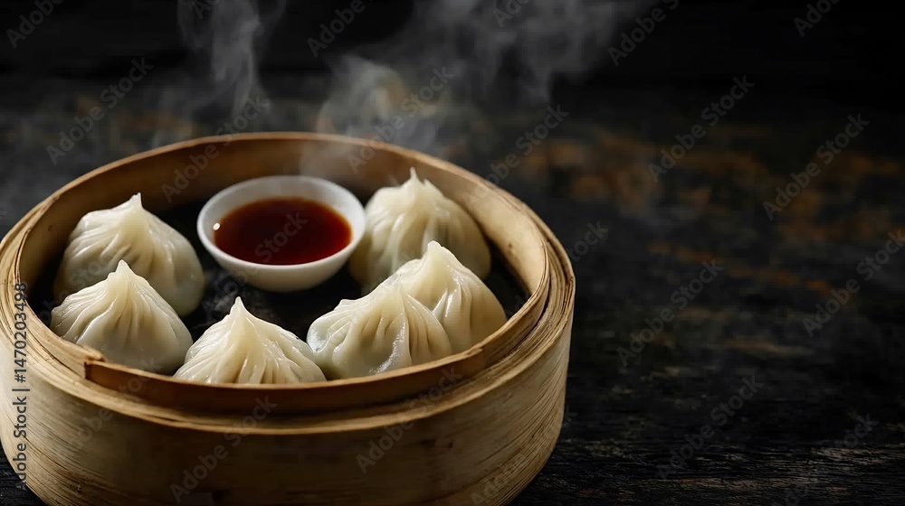 Fototapeta premium Close up of Xiaolongbao dumpling served steaming hot bamboo basket dipping sauce dark wooden table black textured background representing famous Chinese street food Shanghai cut out isolated