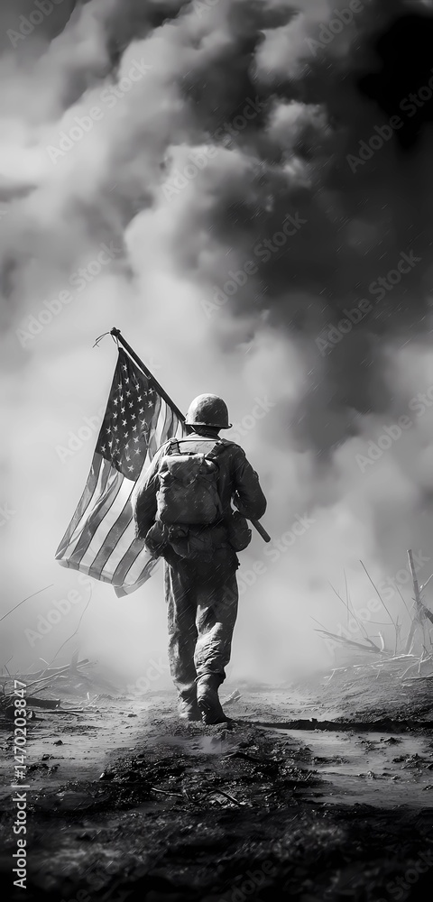 Fototapeta premium Veterans Day graphic material Patriotic American Flag and Military Memorabilia, American flag watercolor, Military boots silhouette, Soldier tribute