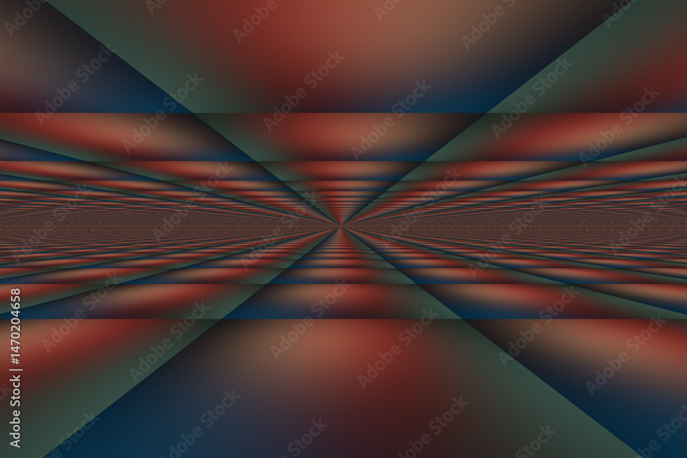 Obraz premium Hipnotyzująca abstrakcja w stylu tunelu świetlnego z efektem głębi, ciemne czerwienie, zielenie i niebieskie akcenty