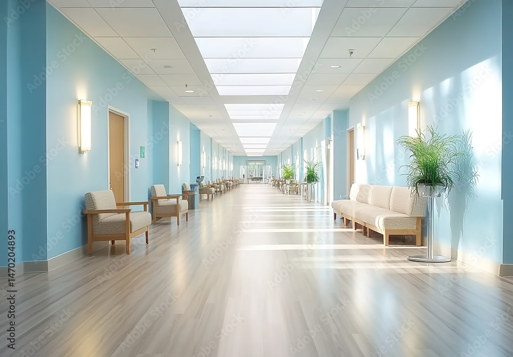 A long hospital corridor with light-blue walls, white trims, wooden-framed artworks, rows of chairs, potted plants, and square ceiling lights. A long hospital corridor with light-blue walls, white trims, wooden-framed artworks, rows of chairs, potted plants, and square ceiling lights.