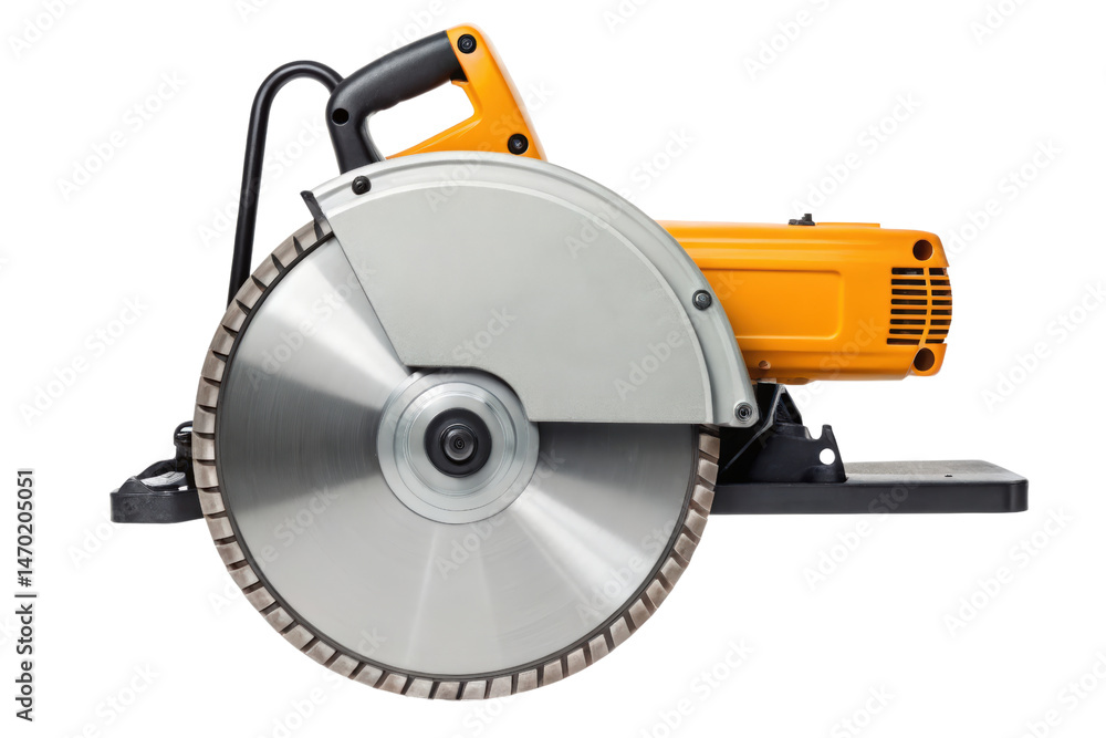 Fototapeta premium Yellow and black electric circular saw with the large blade isolated with transparent background