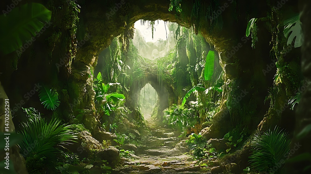 Obraz premium Lush archway path surrounded by green foliage and natural light