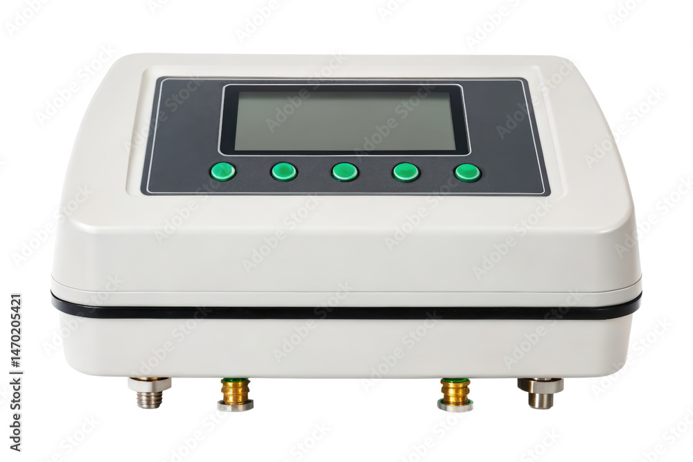 Fototapeta premium White electronic control panel with LCD display and green buttons isolated with transparent background