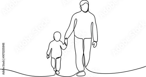 Continuous one line drawing of dad and son walking together, minimalist single line art illustration for Father's Day concept

