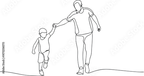 Continuous one line drawing of dad and son walking together, minimalist single line art illustration for Father's Day concept

