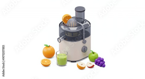 Isometric 3D Juicer with Assorted Fruits on White Background Featuring Orange Apple and Grapes in Clean Kitchen Setting for Health and Wellness Promotion