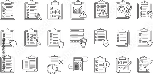 Clipboard, checklist, report, survey or agreement editable stroke outline icons set isolated on white background flat vector illustration.