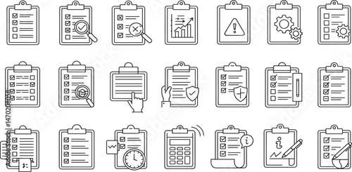 Clipboard, checklist, report, survey or agreement editable stroke outline icons set isolated on white background flat vector illustration.