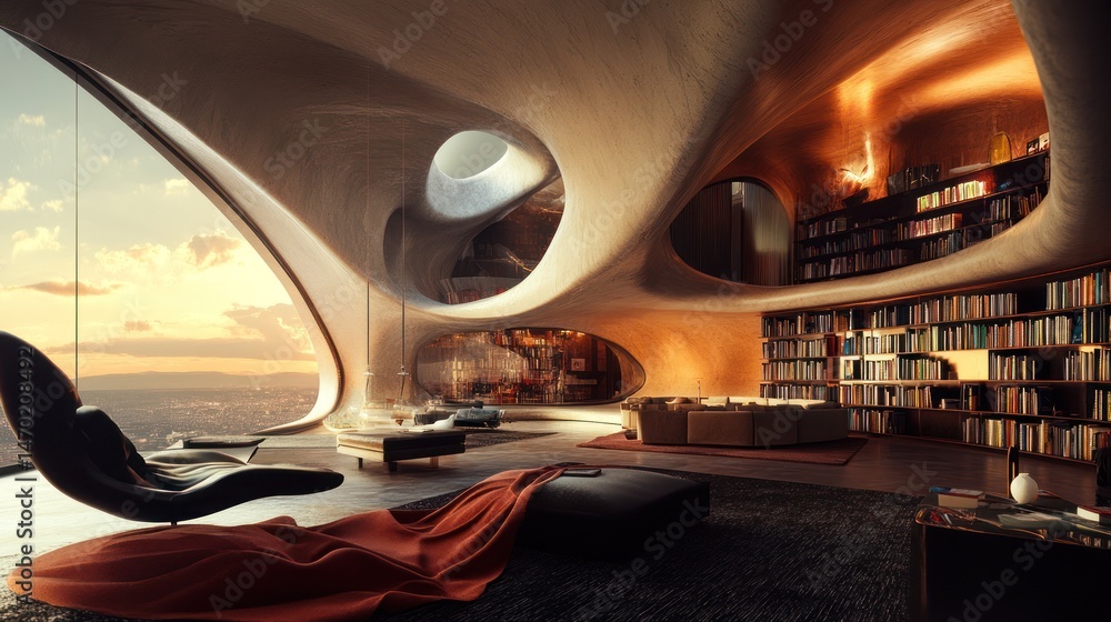 Fototapeta premium Luxurious penthouse living room sunset view