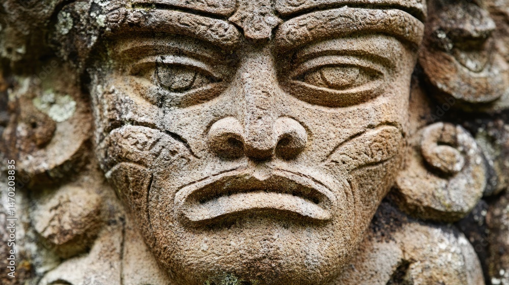 Carved stone face, intricate detail. Ancient, weathered, tribal mask Carved stone face, intricate detail. Ancient, weathered, tribal mask