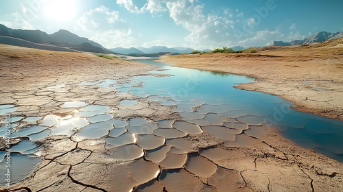 Lake and rugged desolate texture that captures the essence of arid landscapes and the harshness of drought conditions. Cracked dry earth