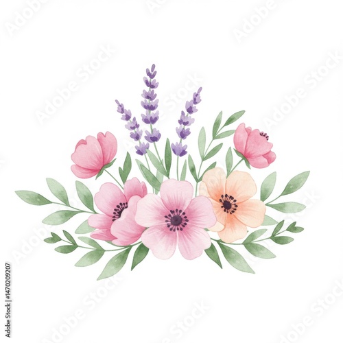 Pastel Pink and Orange Anemone and Lavender Watercolor Bouquet