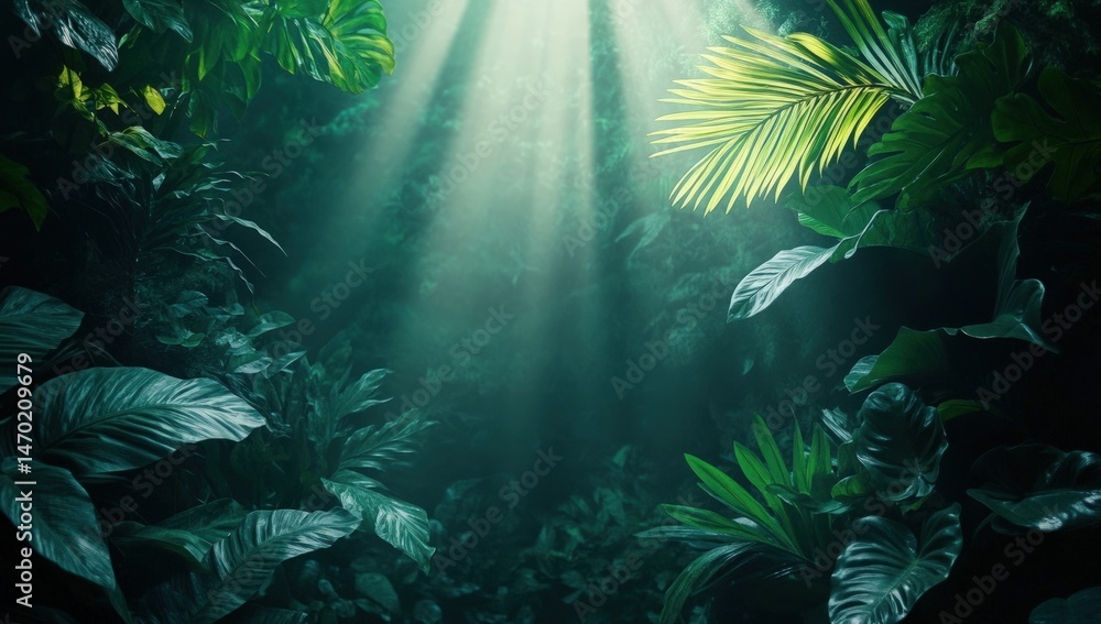 Fototapeta premium Lush jungle foliage, sunlight rays